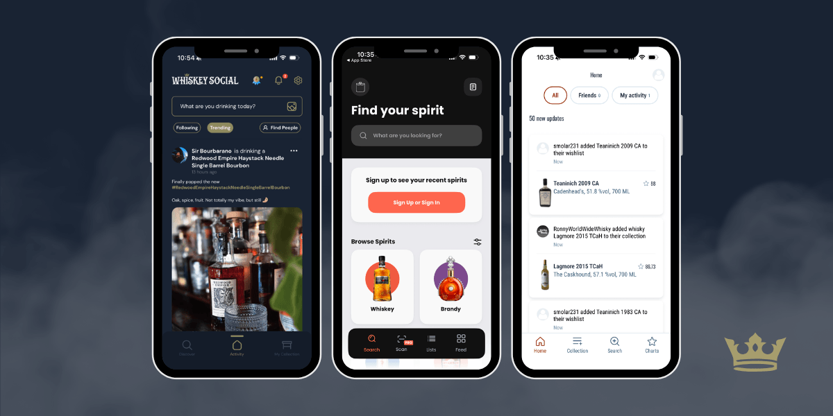 Three smartphone screens showing the Whiskey Social app interface — a community activity feed, a bottle search screen, and a home feed displaying whiskey check-ins and wishlist updates from other users.