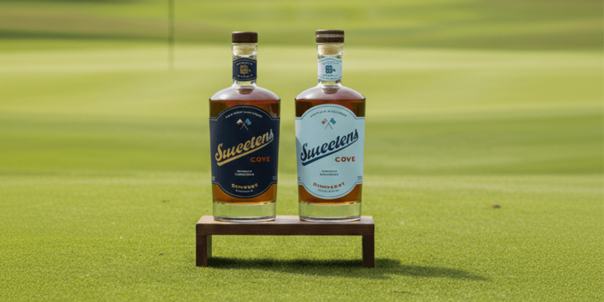 Two bottles of Sweetens Cove bourbon displayed on a golf course green with a flag stand and fairway in the background, symbolizing the brand’s connection to golf and Tennessee heritage.
