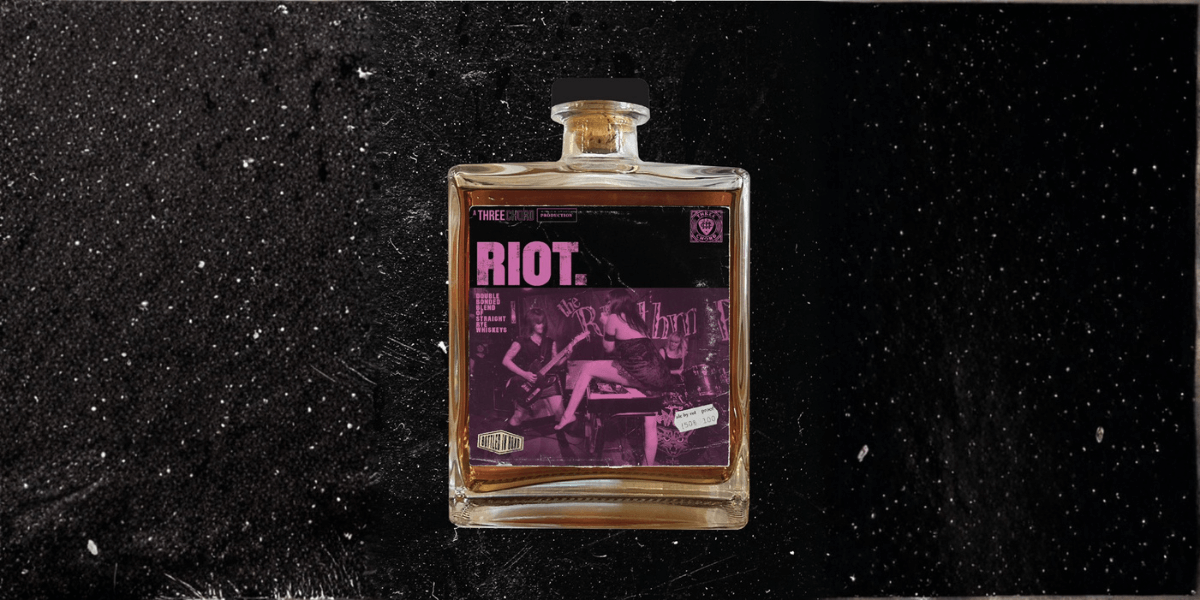 Three Chord’s RIOT. Double Bonded Rye Whiskey on a black background