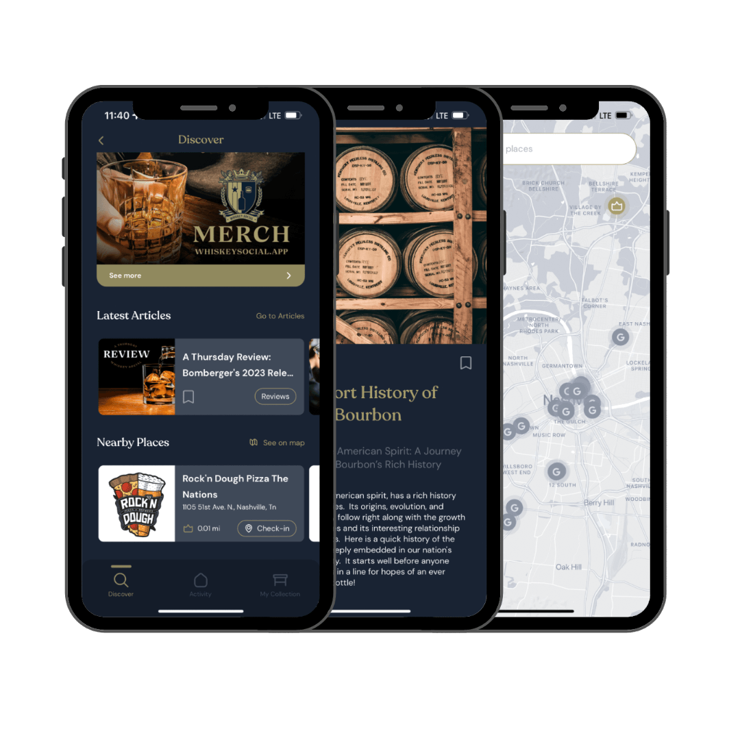 3 mobile phones showing different screens of Whiskey Social App