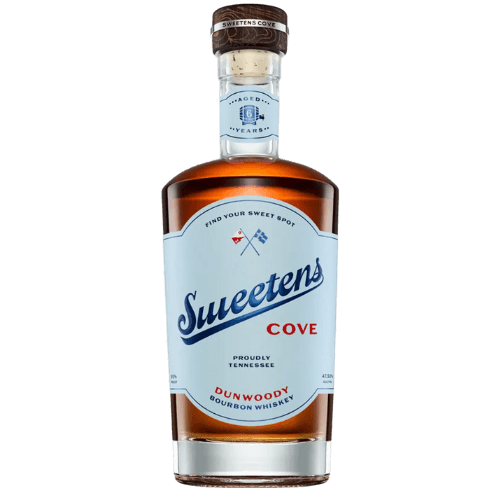 Bottle of Sweetens Cove Dunwoody 6-Year Wheated Tennessee Bourbon with a light blue label and wooden cap, bottled at 95 proof and marked “Proudly Tennessee.”