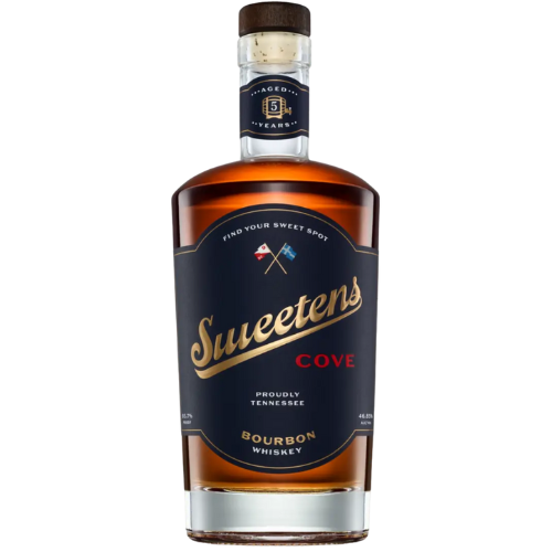 Bottle of Sweetens Cove 5-Year Tennessee Bourbon with a navy label reading “Find Your Sweet Spot,” featuring gold and red lettering and bottled at 93.7 proof.