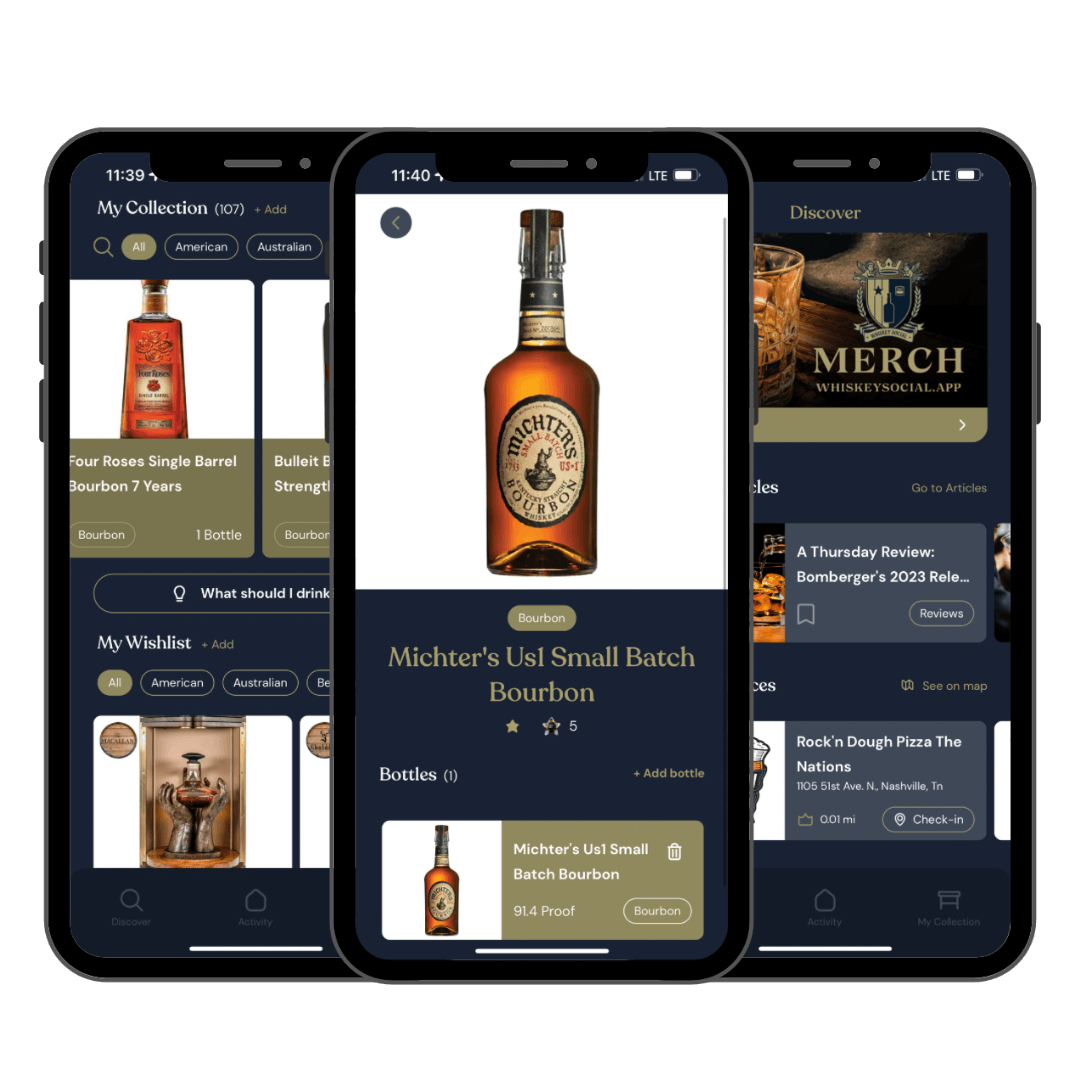 Three smartphone screens displaying the Whiskey Social app interface, showcasing whiskey bottle collections, wishlist items, detailed bottle information for Michter’s US1 Small Batch Bourbon, and the Discover section featuring articles and brands.