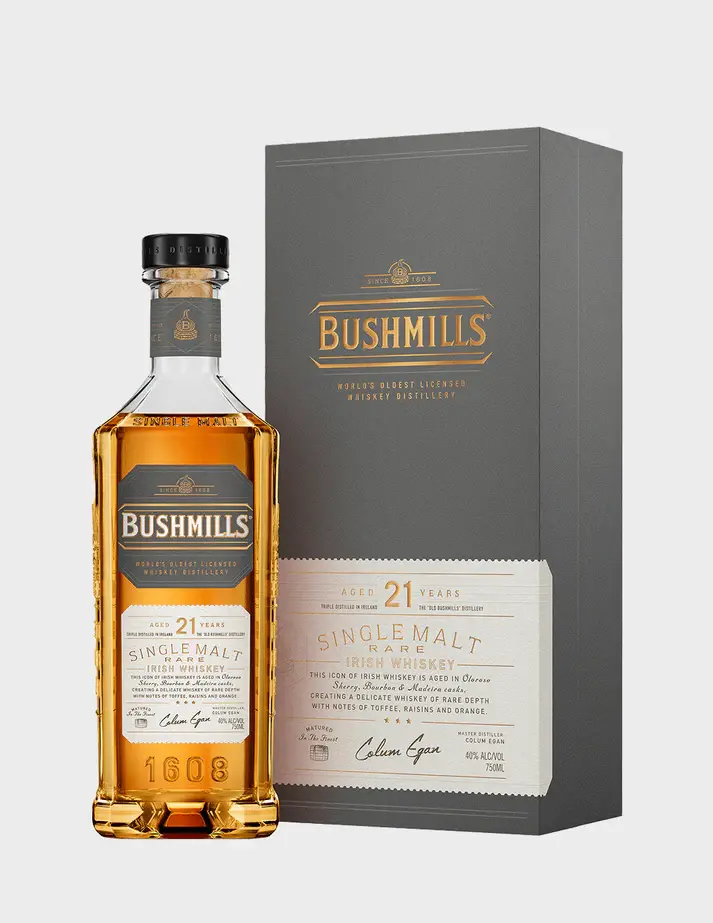 Bushmills 21 Year Old Single Malt Rare Irish Whiskey bottle with charcoal and gold label, triple distilled at the world's oldest licensed whiskey distillery