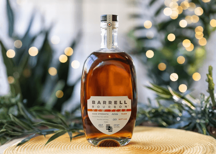 Bottle of Barrell Bourbon New Year 2026 set against a dark backdrop, showcasing the limited edition label and amber bourbon color.