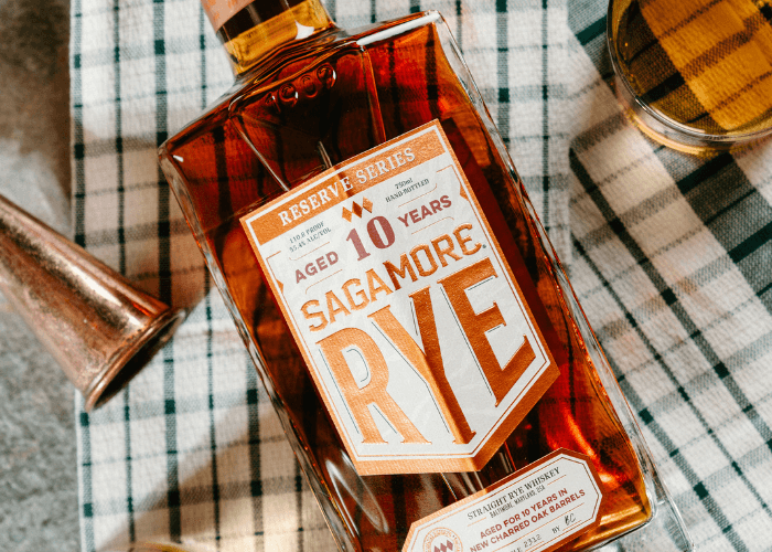 Close up view of a  Bottle of Sagamore 10-Year Rye Whiskey